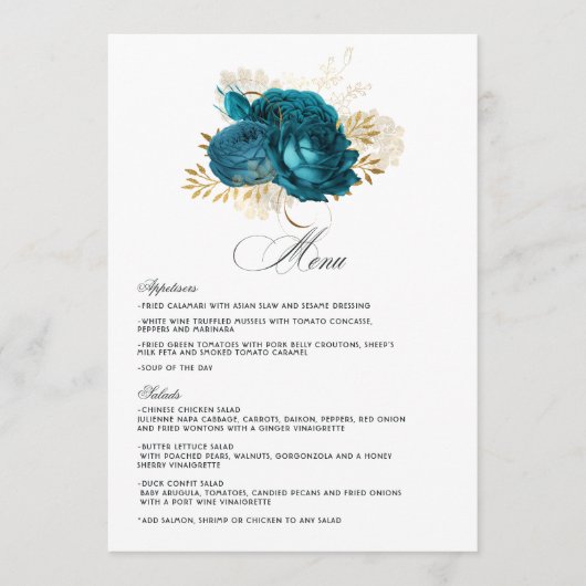 Menu Mariage floral Turquoise et or (Devant)