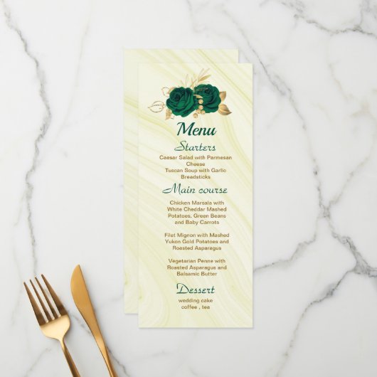 Menu mariage floral vert émeraude chic (Devant/Arrière en situation)