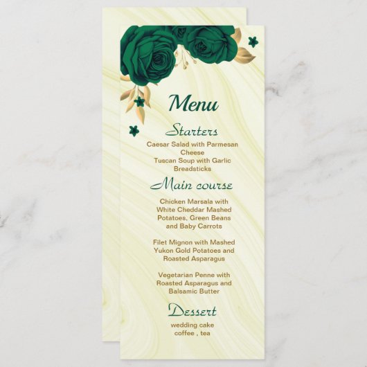 Menu mariage floral vert émeraude chic (Devant / Derrière)