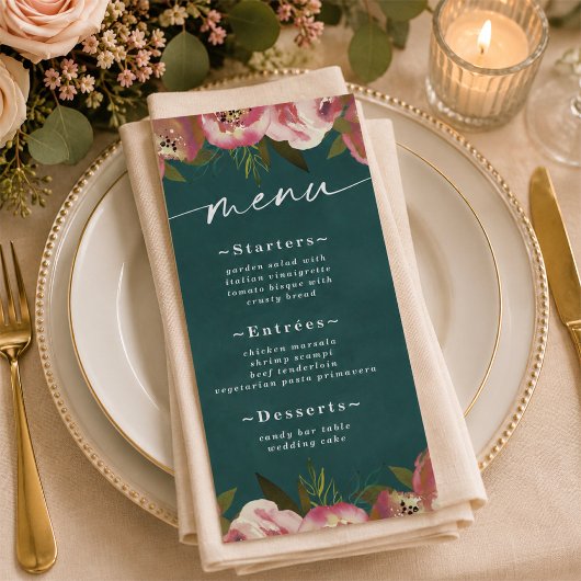 Menu Mariage Floral Vert Sarcelle Profond Chic Blooming