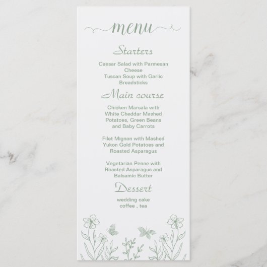 Menu Mariage floral vert sauge simple (Devant)