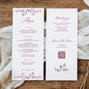 Menu Mariage Floral Vintage Français Bourgogne Rouge Fo