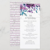 Menu Mariage Floral Violet & Argent Confetti (Devant / Derrière)