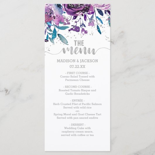 Menu Mariage Floral Violet & Argent Confetti (Devant)