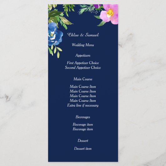 Menu Mariage Floral Violet bleu marine (Devant)