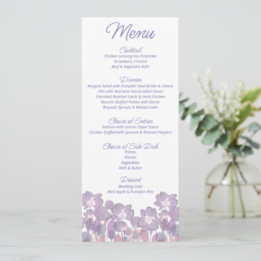 Menu Mariage floral violet mauve pastel (Debout devant)