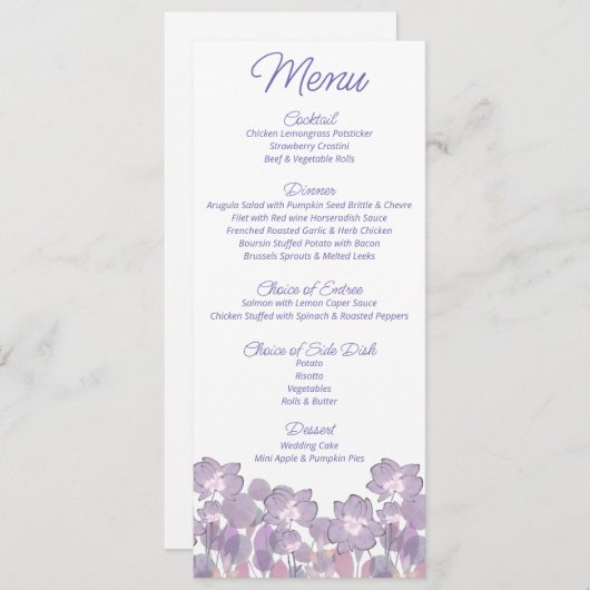 Menu Mariage floral violet mauve pastel