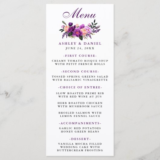 Menu Mariage floral violet ultra violet (Devant)