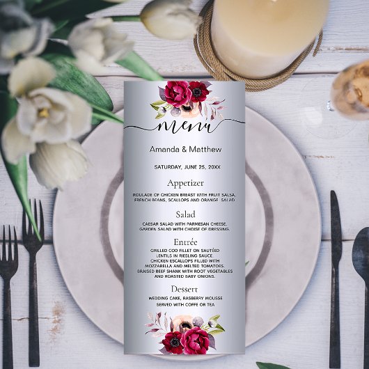 menu mariage florale argent élégant moderne