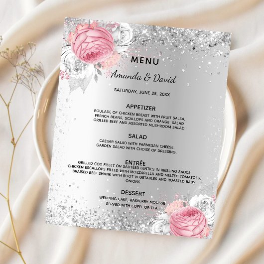 Menu mariage floraux roses argentés