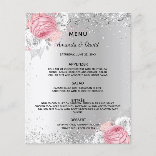 Menu mariage floraux roses argentés (Devant)