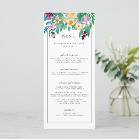 Menu Mariage Flores d'aquarelle moderne (Debout devant)