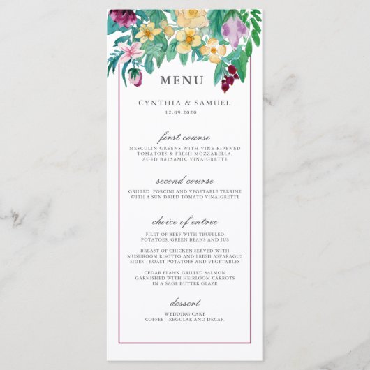 Menu Mariage Flores d'aquarelle moderne (Devant)