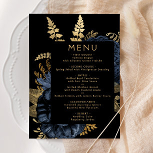 Menu Mariage Foncé Floral Bleu Nuit Or
