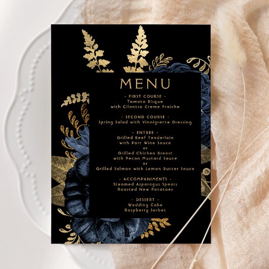 Menu Mariage Foncé Floral Bleu Nuit Or