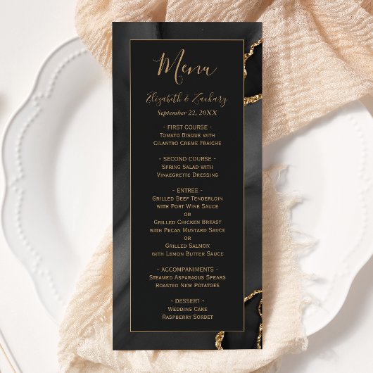 Menu Mariage foncé moderne Noir Or Agate