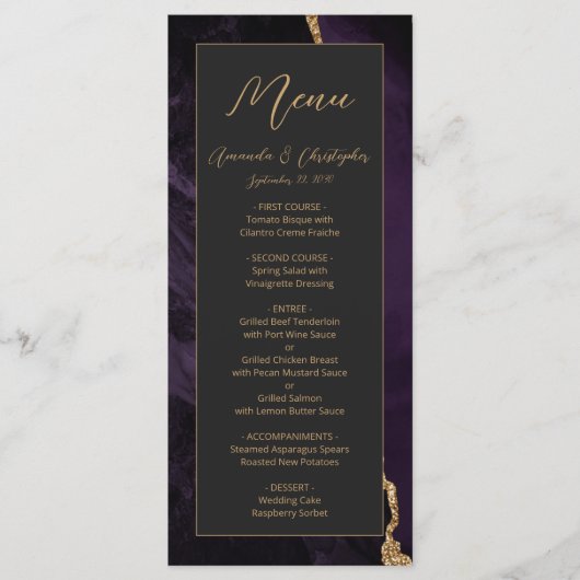 Menu Mariage foncé moderne violet or Agate (Devant)