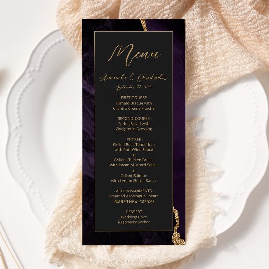 Menu Mariage foncé moderne violet or Agate