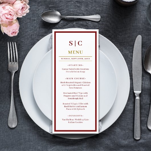 Menu Mariage Formel Classique avec Monogramme en Bourgo