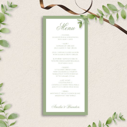 Menu Mariage Formel Classique Vert Sauge Bordure Script
