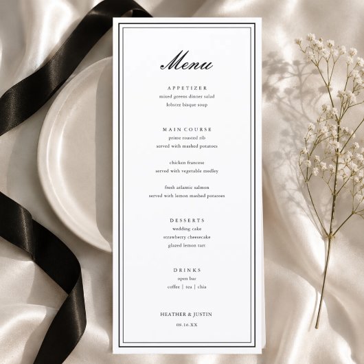 Menu Mariage Formel Élégant Noir et Blanc