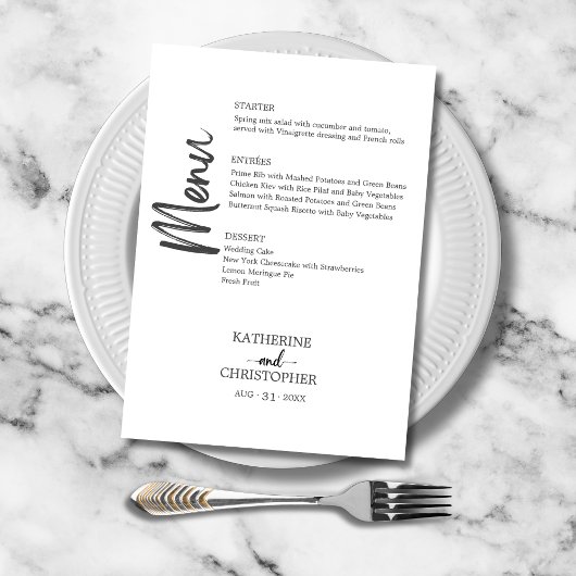 Menu Mariage Formel Élégant Script Noir et Blanc