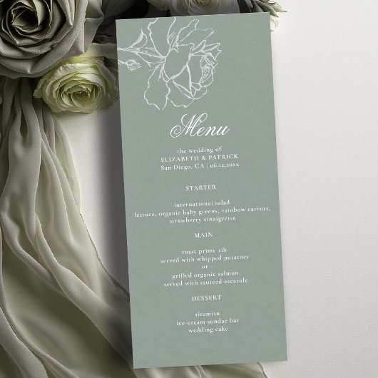 Menu Mariage Formel Moderne Classique Vert Sauge Roses