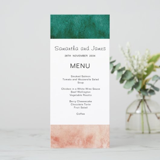 Menu Mariage Formel Moderne Rose Pâle Vert Aquarelle (Debout devant)