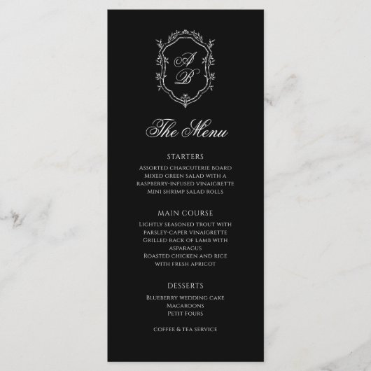 Menu Mariage Formel noir & blanc Floral Monogram Crest (Devant)