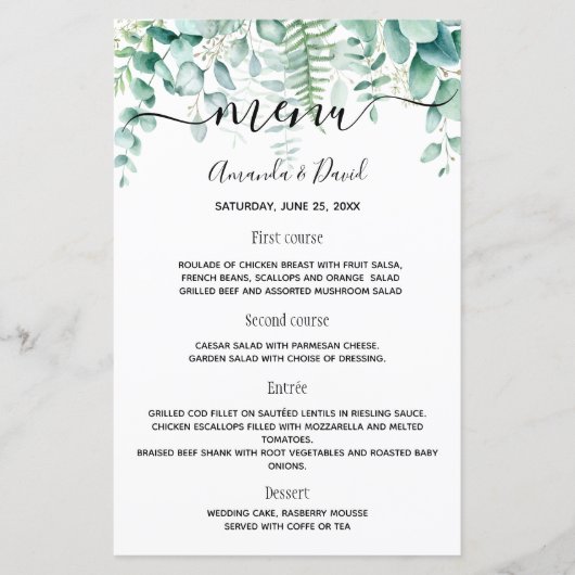 Menu mariage fougères de verdure eucalyptus (Devant)