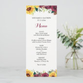 Menu Mariage frontalier floral des tournesols aquarelle (Debout devant)