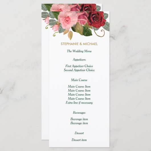 Menu Mariage frontière rouge et rose (Devant / Derrière)