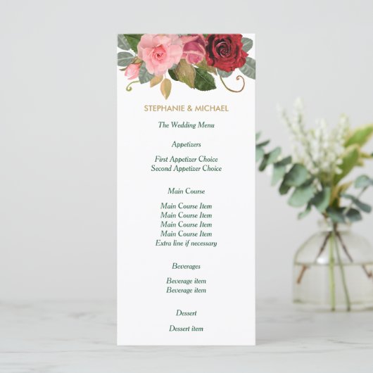 Menu Mariage frontière rouge et rose (Debout devant)