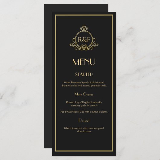 Menu Mariage Gatsby Black and Gold Roaring 20s (Devant / Derrière)