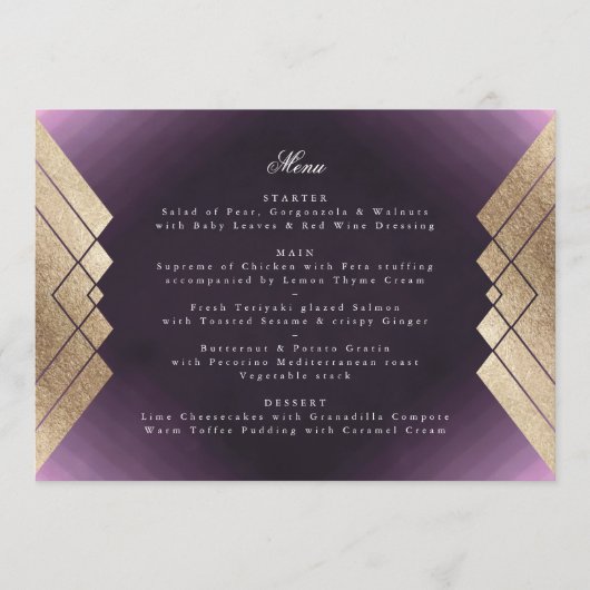 Menu Mariage Gatsby d'or violet géométrique (Devant)