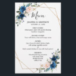 Menu Mariage géométrique bleu marine Bleu Botaniqu<br><div class="desc">Elégante et moderne carte de menu mariage à aquarelle géométrique et romantique, avec un bouquet de bleu marine / bleu royal, rose vif, roses d'aquarelle pêche avec feuillage assorti. Parfait pour un mariage d'automne/mi-été. S'il vous plaît trouver d'autres modèles et variantes de mon magasin "blissweddingpaperie". Et n'hésitez pas à me...</div>