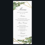 Menu Mariage géométrique chic Botanique et Gold<br><div class="desc">Cette carte de menu est l'addition parfaite à l'essentiel de votre mariage ! Ce design présente une verdure botanique aquarelle et un cadre géométrique de feuilles d'or imitation, avec une typographie design et moderne affichant "Menu" et options de restauration. Cette carte revient à un arrière - plan vert foncé avec...</div>