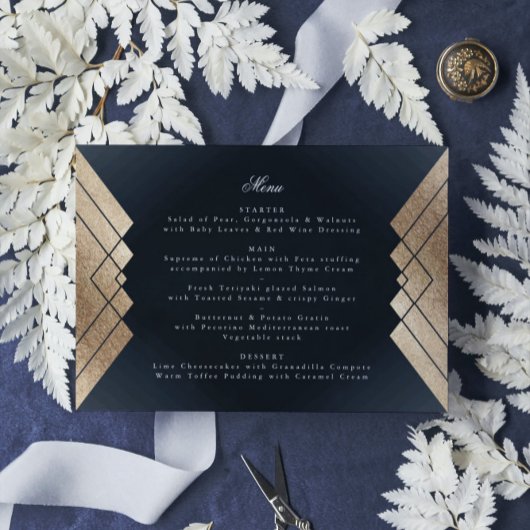 Menu Mariage Géométrique Dark Navy Gold Gatsby
