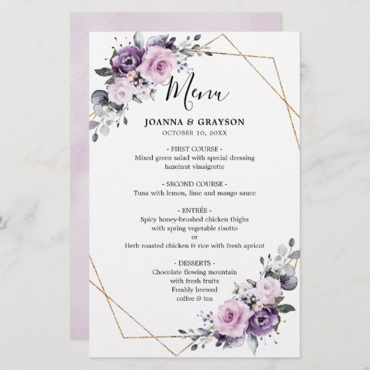 Menu Mariage géométrique des fleurs violettes pous (Devant / Derrière)