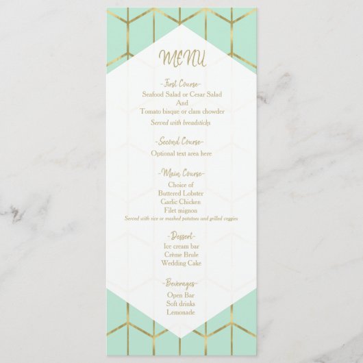Menu Mariage géométrique Mint Green Hexagon Gold (Devant)