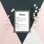 Menu Mariage géométrique moderne noir et blanc<br><div class="desc">Ajoutez une touche élégante à votre réception de mariage avec cette carte de menu géométrique moderne en noir et blanc. Doté d'une bordure à motifs audacieux et d'une typographie élégante, ce design s'inscrit parfaitement dans les thèmes mariages contemporains. Personnalisez avec vos détails de menu pour créer un look élégant et...</div>