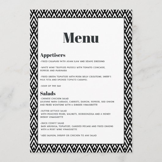 Menu Mariage Géométrique Noir et Blanc Moderne (Devant)