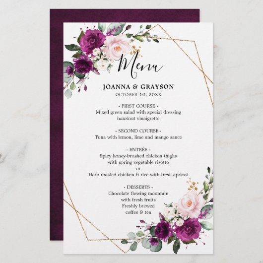 Menu Mariage géométrique Rose Rose rose Plum viole (Devant / Derrière)
