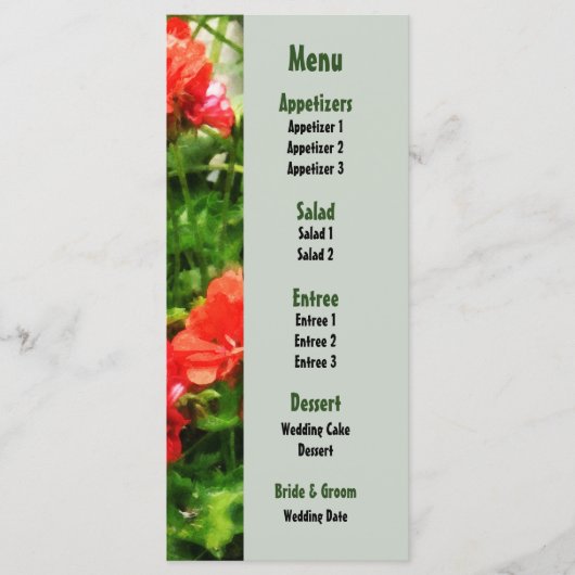 Menu Mariage Géraniums rouges vifs (Devant)