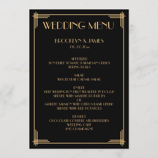 Menu Mariage Gold Black Great Gatsby Art Déco (Devant)