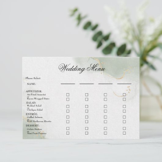 Menu mariage Gold Muted Sage Green (Debout devant)