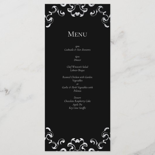 Menu Mariage gothique au tourbillon argent et noir (Devant)