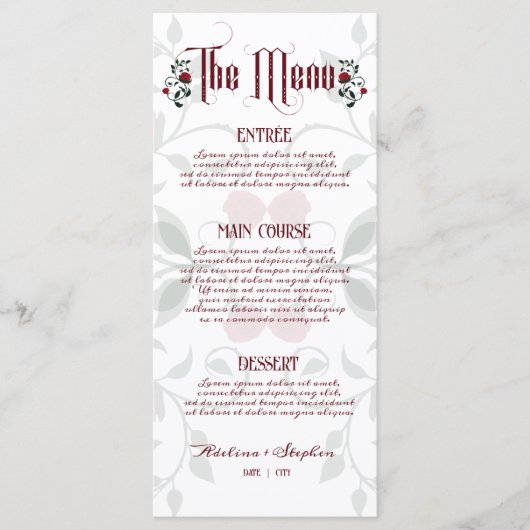Menu Mariage gothique Laisser Red Roses Moody Mariage (Devant)