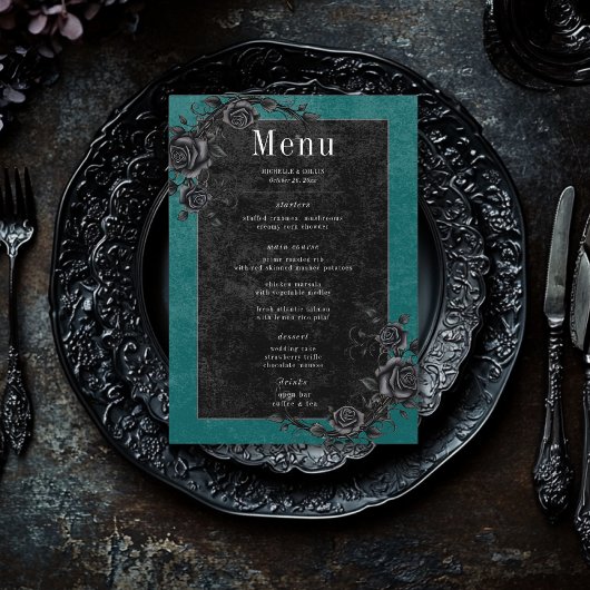 Menu Mariage gothique noir corbeau et roses noires sarc