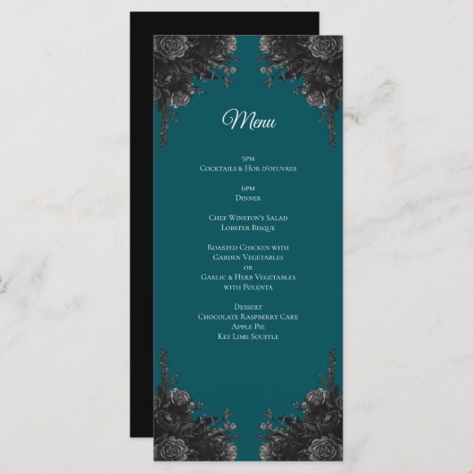 Menu Mariage gothique Rose gris-noir turquoise (Devant / Derrière)